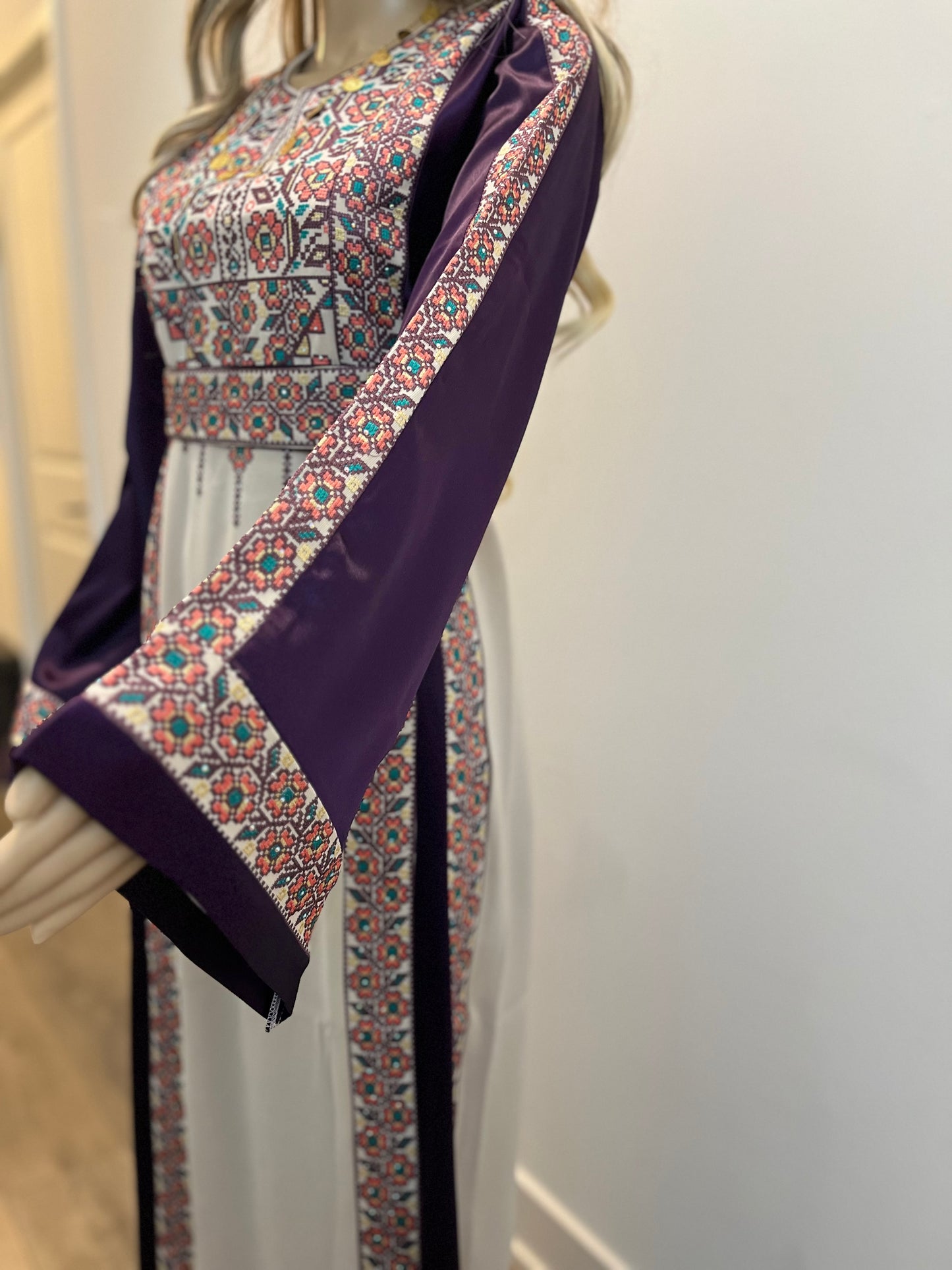 Purple With Flowers & Sparkle Traditional Long Sleeve Full Embroidered Palestinian Thobe/Dress