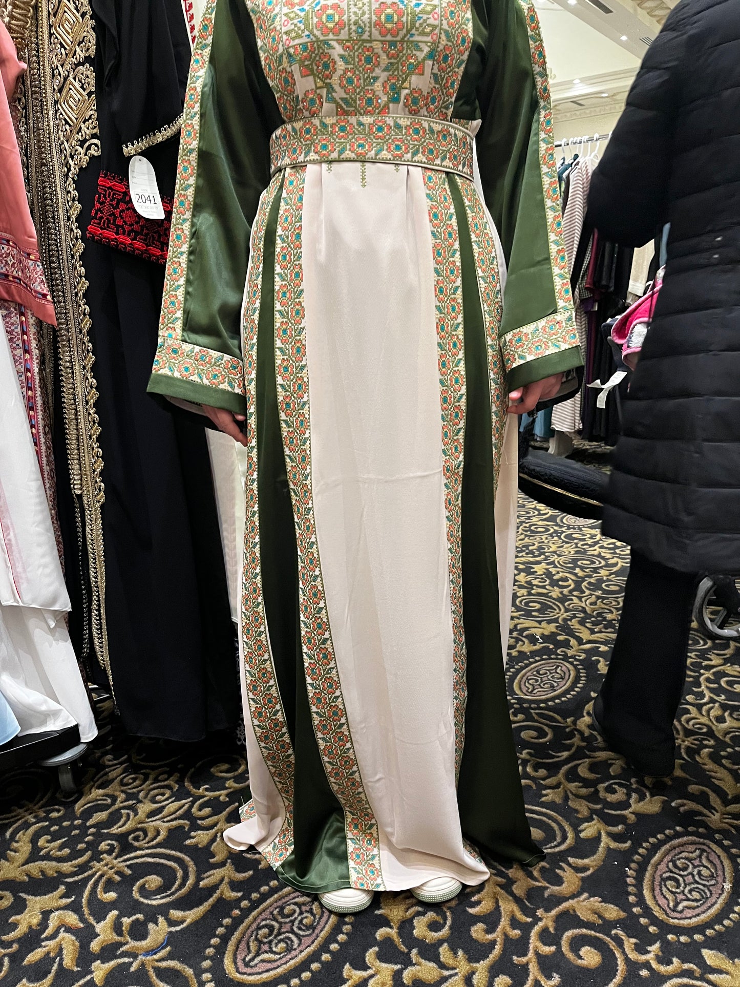 Green With Flowers & Sparkle Traditional Long Sleeve Full Embroidered Palestinian Thobe/Dress