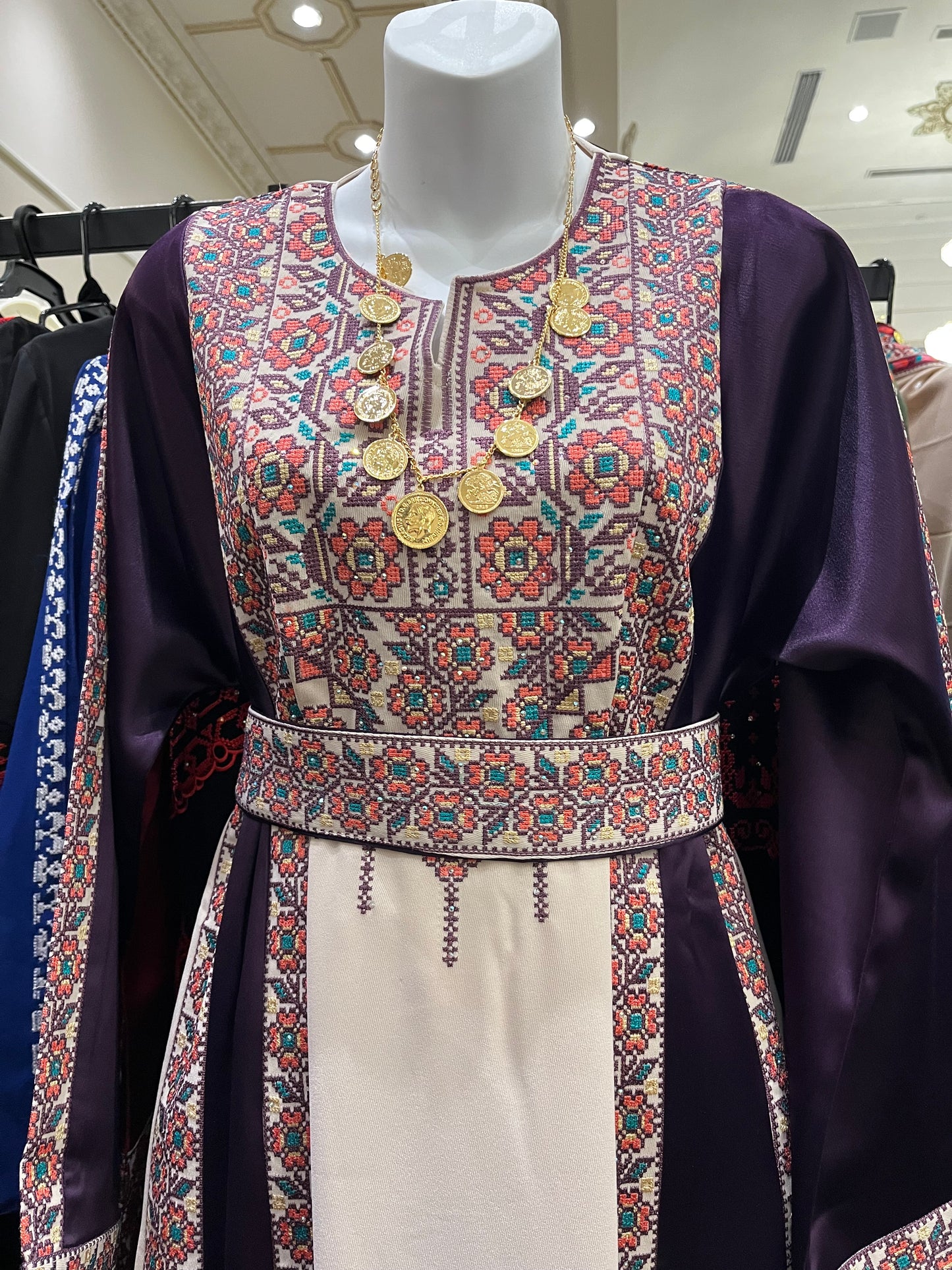 Purple With Flowers & Sparkle Traditional Long Sleeve Full Embroidered Palestinian Thobe/Dress