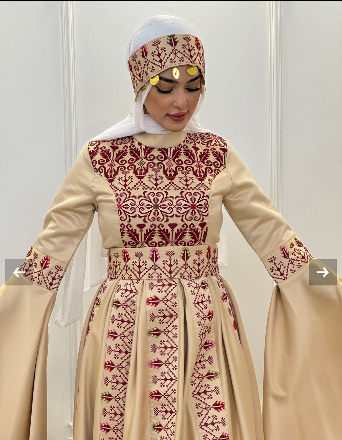 Raeda - Beige & Burgundy With Extra Long Sleeve Modern Dress Thobe