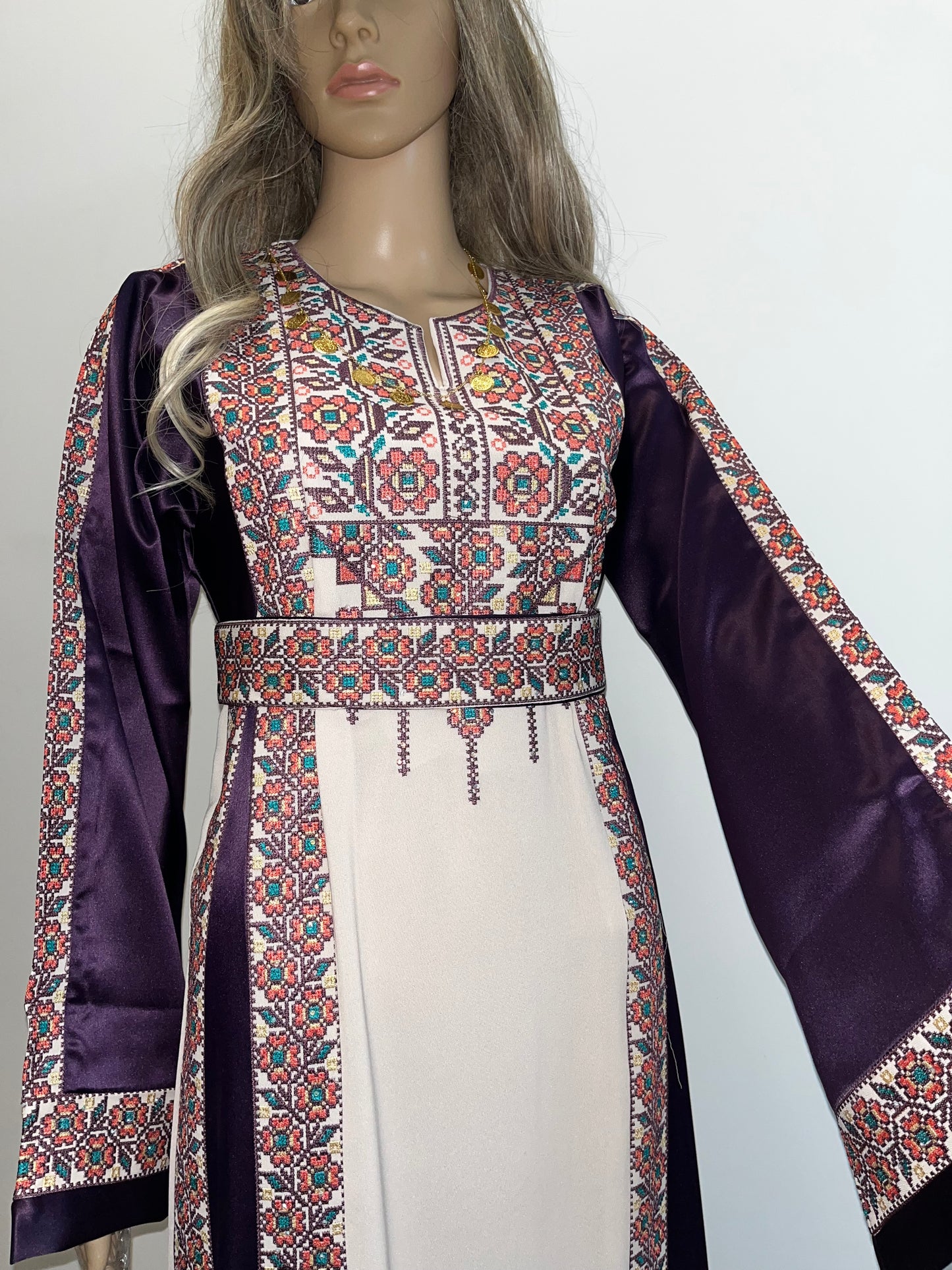 Purple With Flowers & Sparkle Traditional Long Sleeve Full Embroidered Palestinian Thobe/Dress
