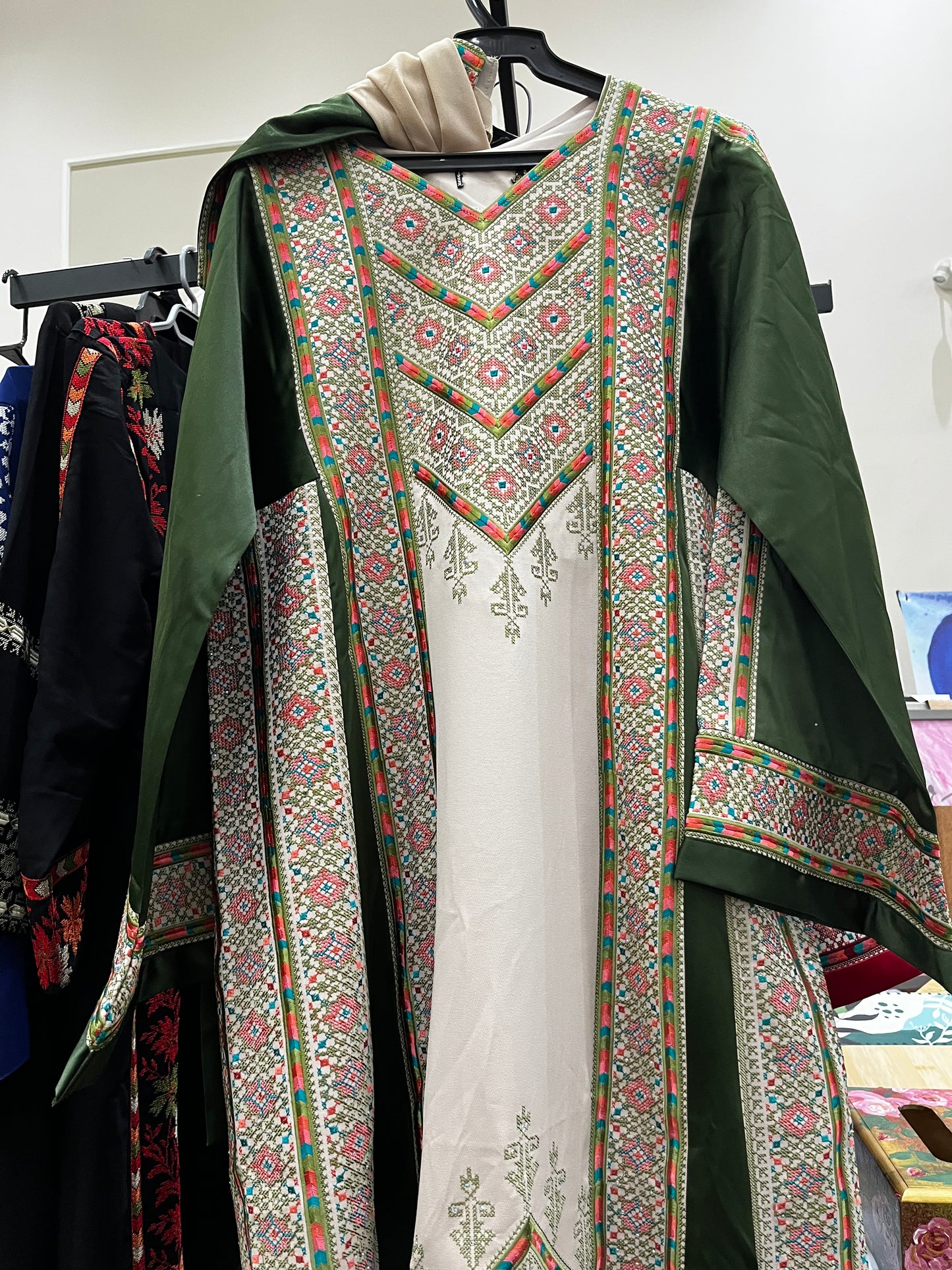 Nabuls Thobe - Green and Beige Traditional Full tatreez back and front Thobe ( No veil)
