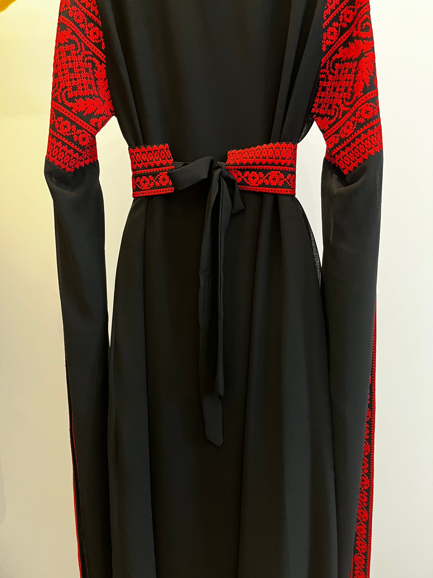 Black & Red Extra Long Sleeve Full Embroidered Palestinian Thobe (3 pieces) - Al Tulkarem Thobe