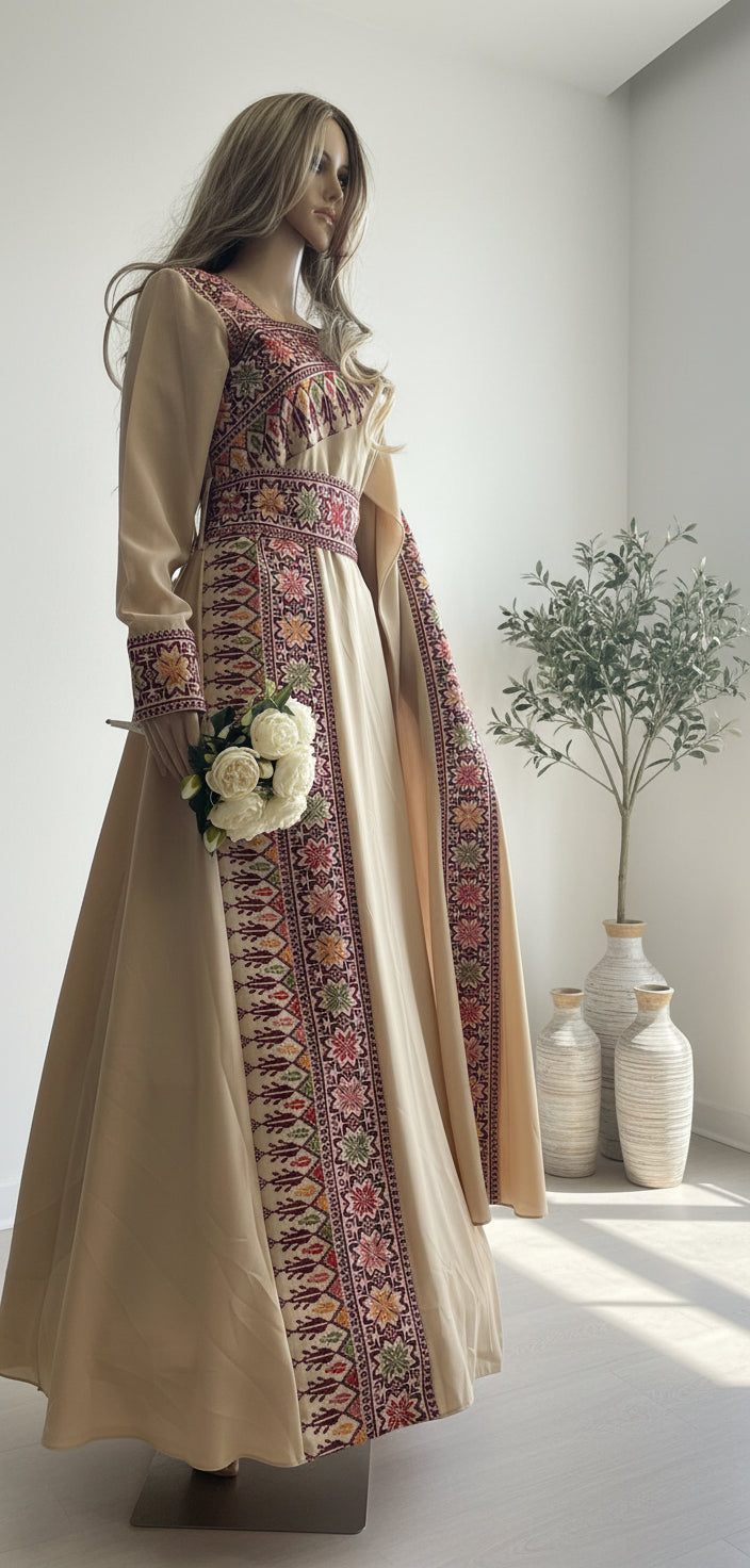 The Jerusalem- Beige Tatreez One Shoulder Embroidery Palestinian Thobe -