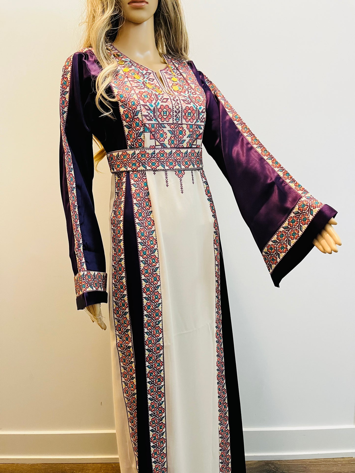 Purple With Flowers & Sparkle Traditional Long Sleeve Full Embroidered Palestinian Thobe/Dress
