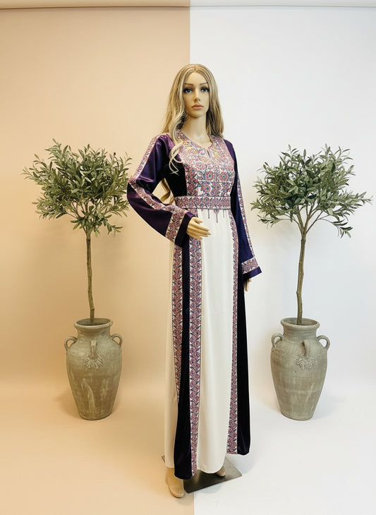 The Poppy Flower Thobe - Purple With Flowers & Sparkle Traditional Long Sleeve Full Embroidered Palestinian Thobe/Dress