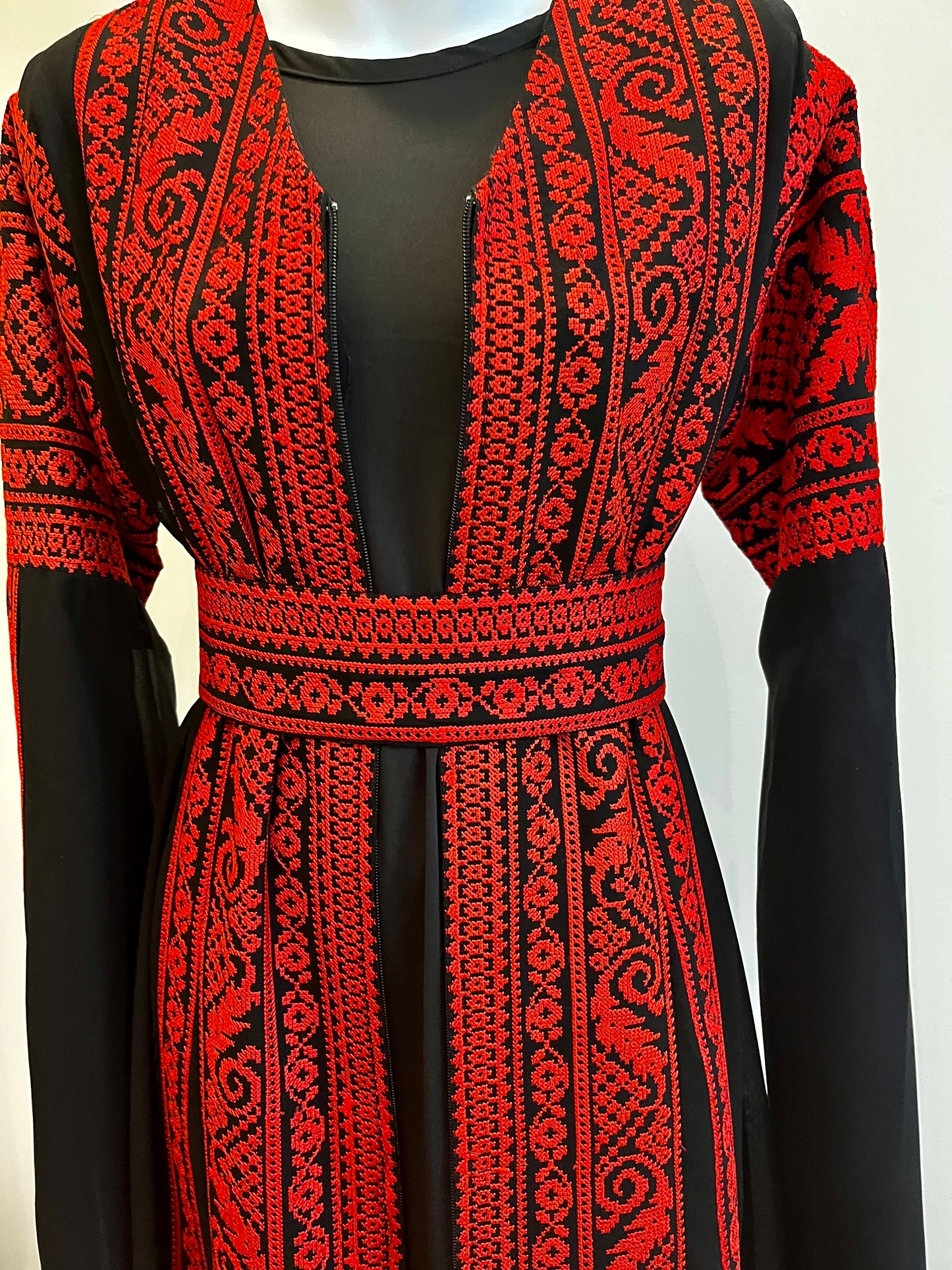 Black & Red Extra Long Sleeve Full Embroidered Palestinian Thobe (3 pieces) - Al Tulkarem Thobe