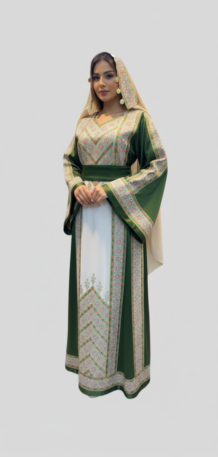 Nabuls Thobe - Green and Beige Traditional Full tatreez back and front Thobe ( No veil)