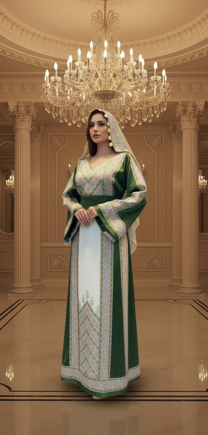 Nabuls Thobe - Green and Beige Traditional Full tatreez back and front Thobe ( No veil)