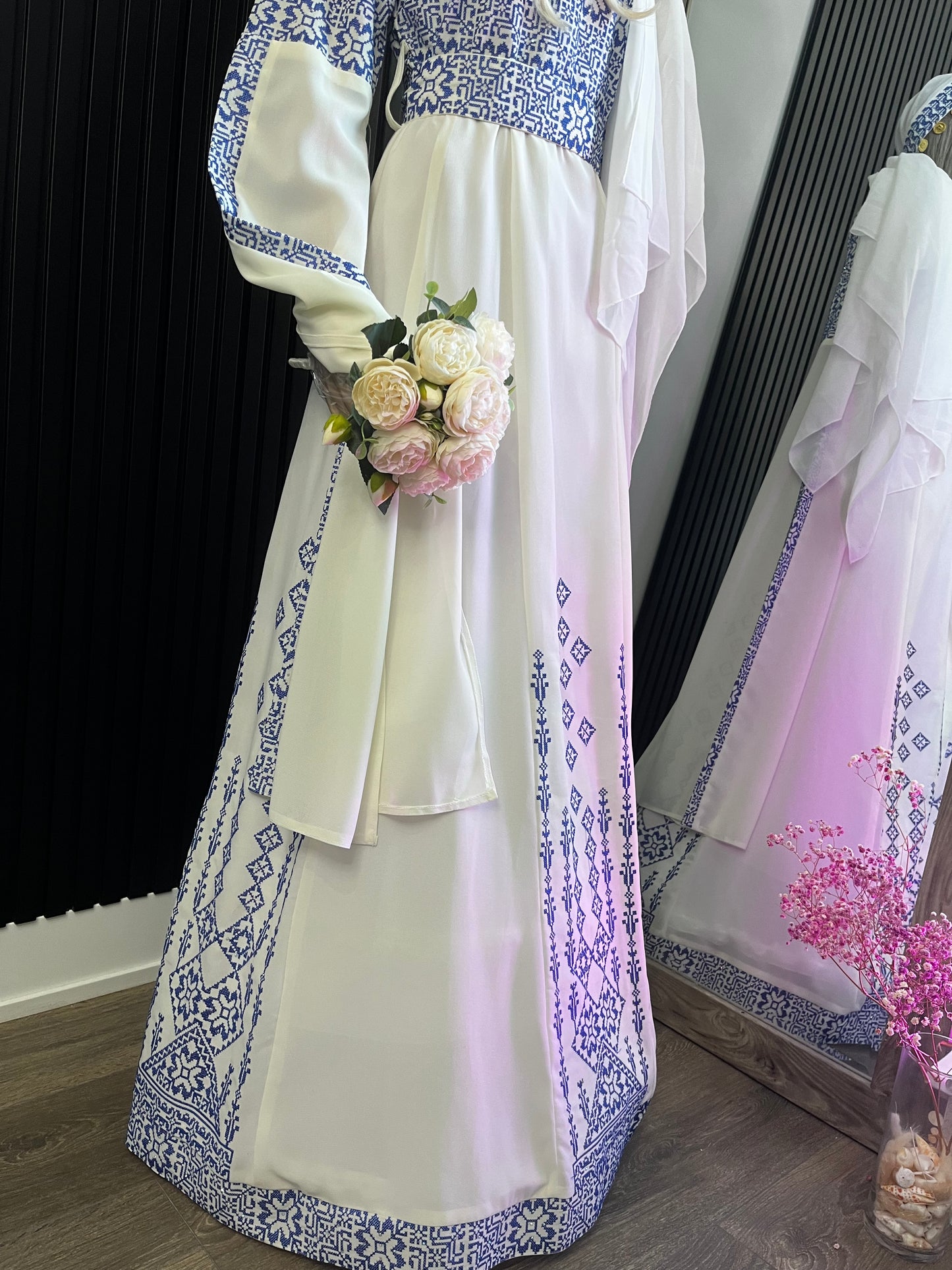 Blue & White Bridal Full Embroidery Palestinian Thobe with Extra Long Sleeves -  Al Ramallah