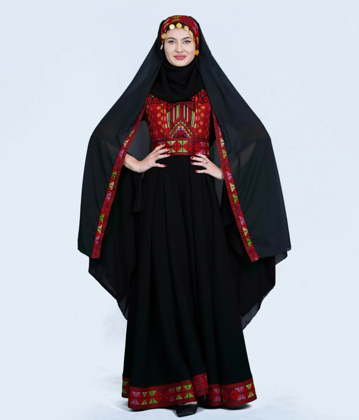 Sara - Black with Red Tatreez With Extra Long Sleeve Modern Dress Thobe
