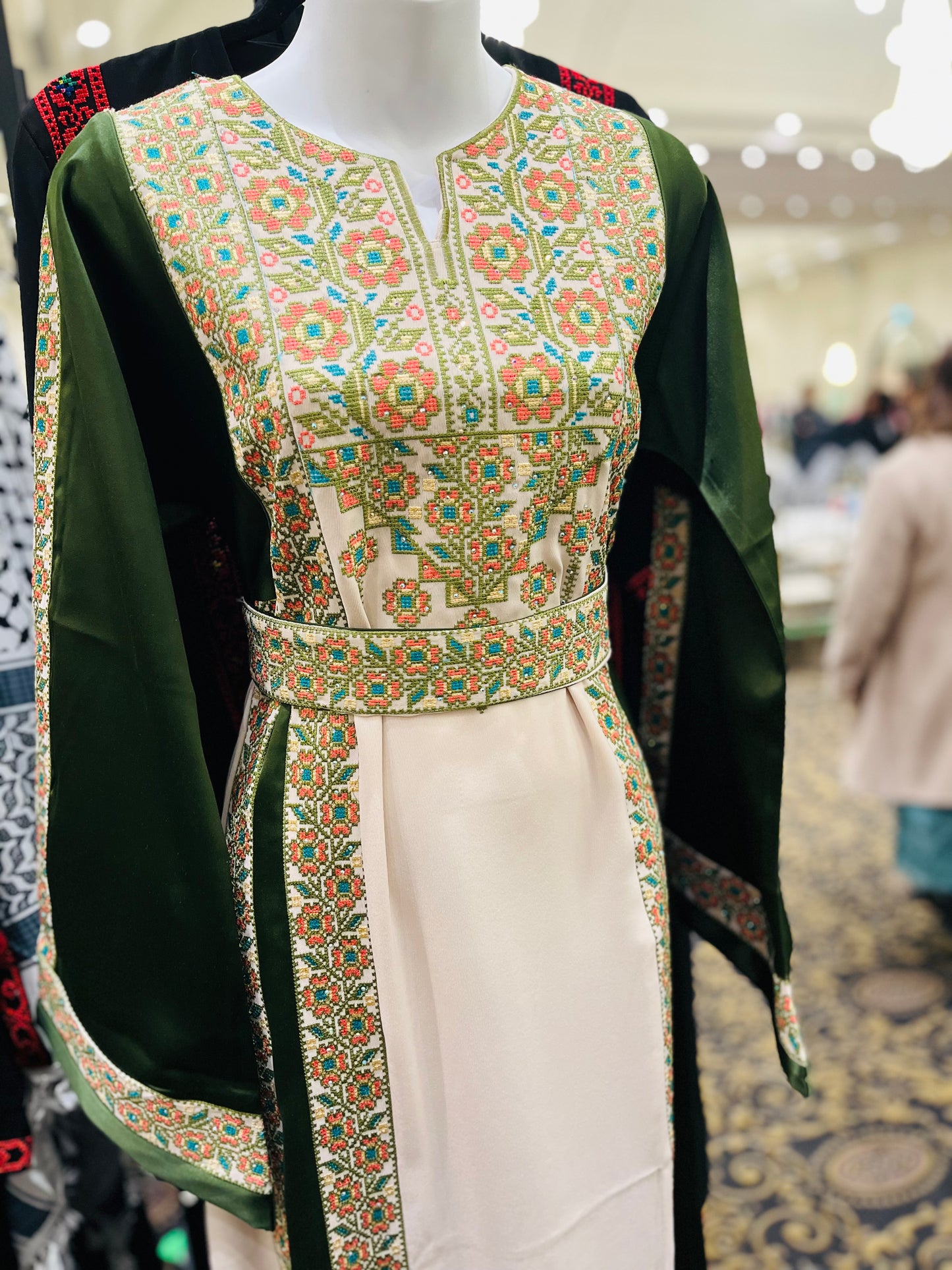 Green With Flowers & Sparkle Traditional Long Sleeve Full Embroidered Palestinian Thobe/Dress