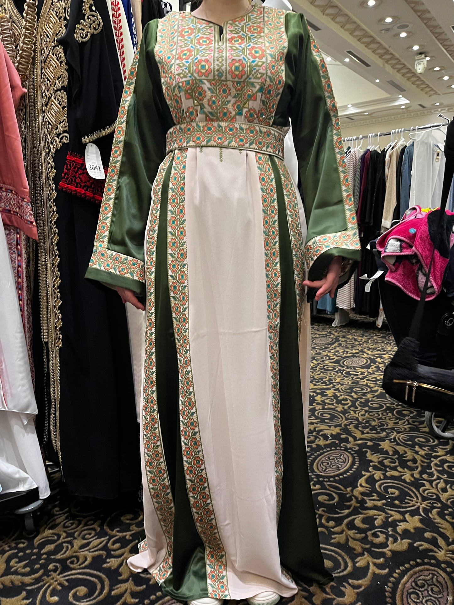 Green With Flowers & Sparkle Traditional Long Sleeve Full Embroidered Palestinian Thobe/Dress