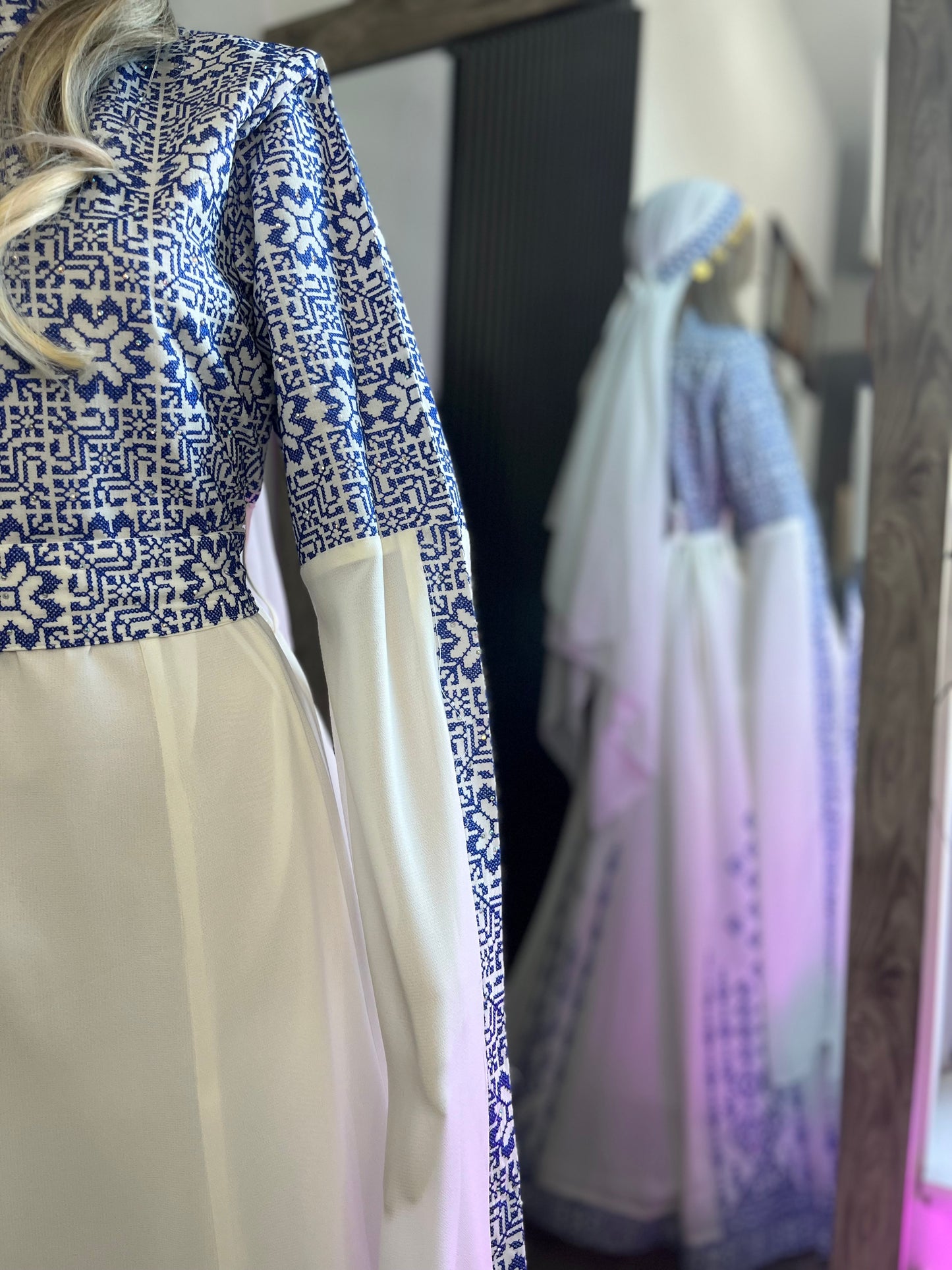 Blue & White Bridal Full Embroidery Palestinian Thobe with Extra Long Sleeves -  Al Ramallah