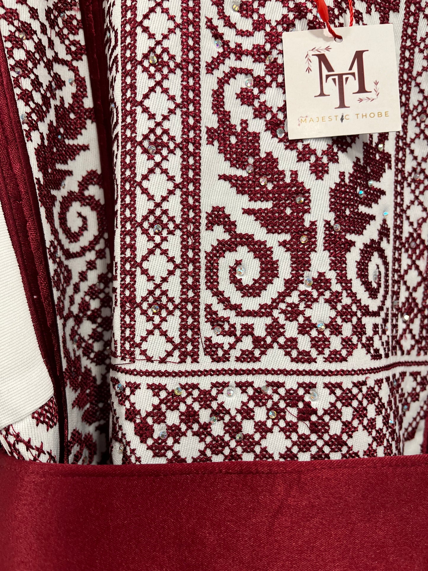 Jenin Thobe - White and Red traditional Bridal Thobe  (Embroidered Tatreez Palestinian Jordanian Thobe)