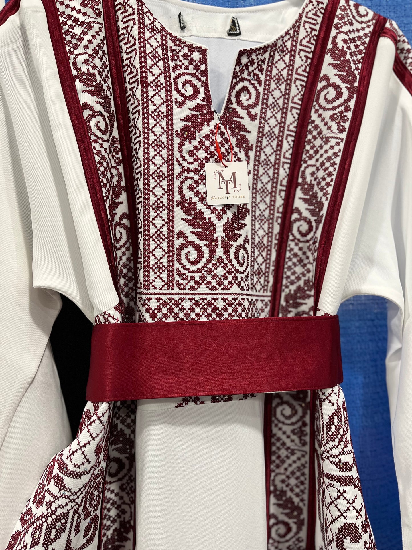 Jenin Thobe - White and Red traditional Bridal Thobe  (Embroidered Tatreez Palestinian Jordanian Thobe)