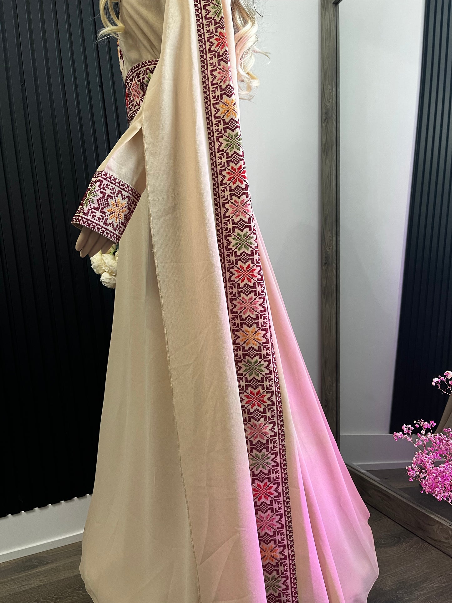 The Jerusalem- Beige Tatreez One Shoulder Embroidery Palestinian Thobe -