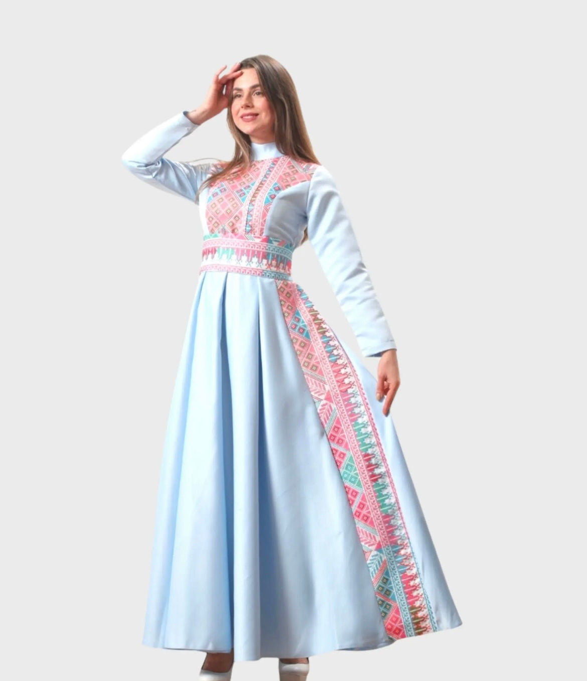 Rola - Blue Satin with Pink Tatreez Modern Dress Thobe - High Neck