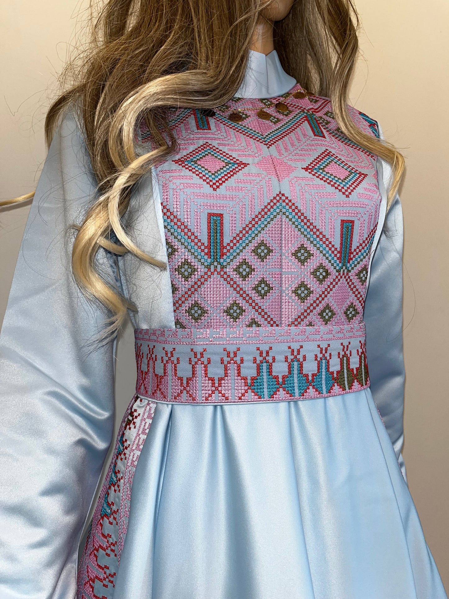 Rola - Blue Satin with Pink Tatreez Modern Dress Thobe - High Neck