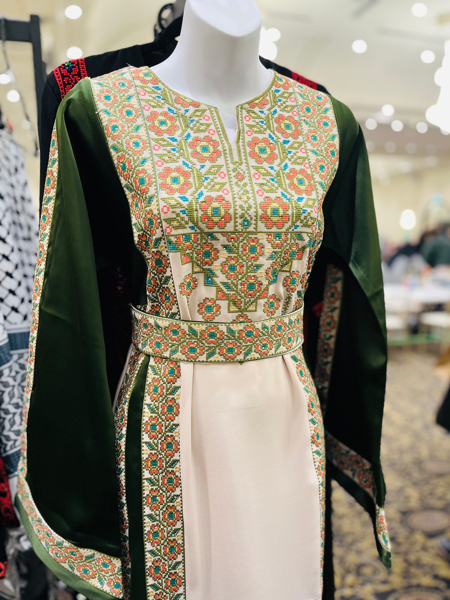 Green With Flowers & Sparkle Traditional Long Sleeve Full Embroidered Palestinian Thobe/Dress