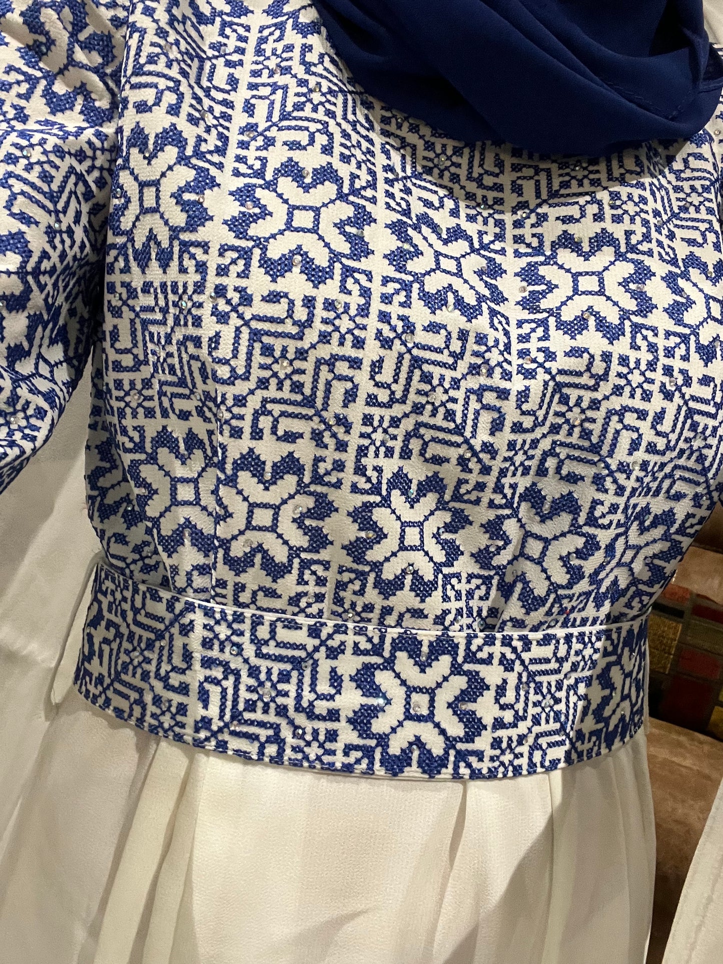 Blue & White Bridal Full Embroidery Palestinian Thobe with Extra Long Sleeves -  Al Ramallah