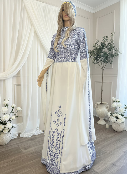 Blue & White Bridal Full Embroidery Palestinian Thobe with Extra Long Sleeves - Al Ramallah