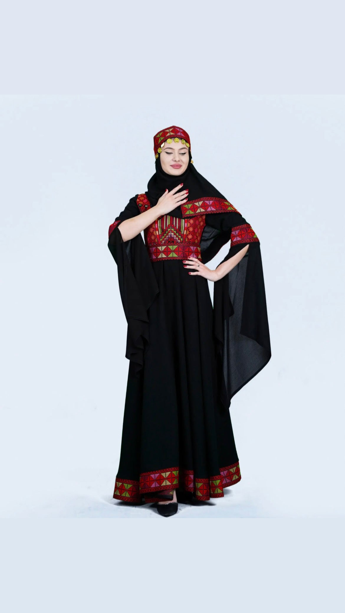 Sara - Black with Red Tatreez With Extra Long Sleeve Modern Dress Thobe