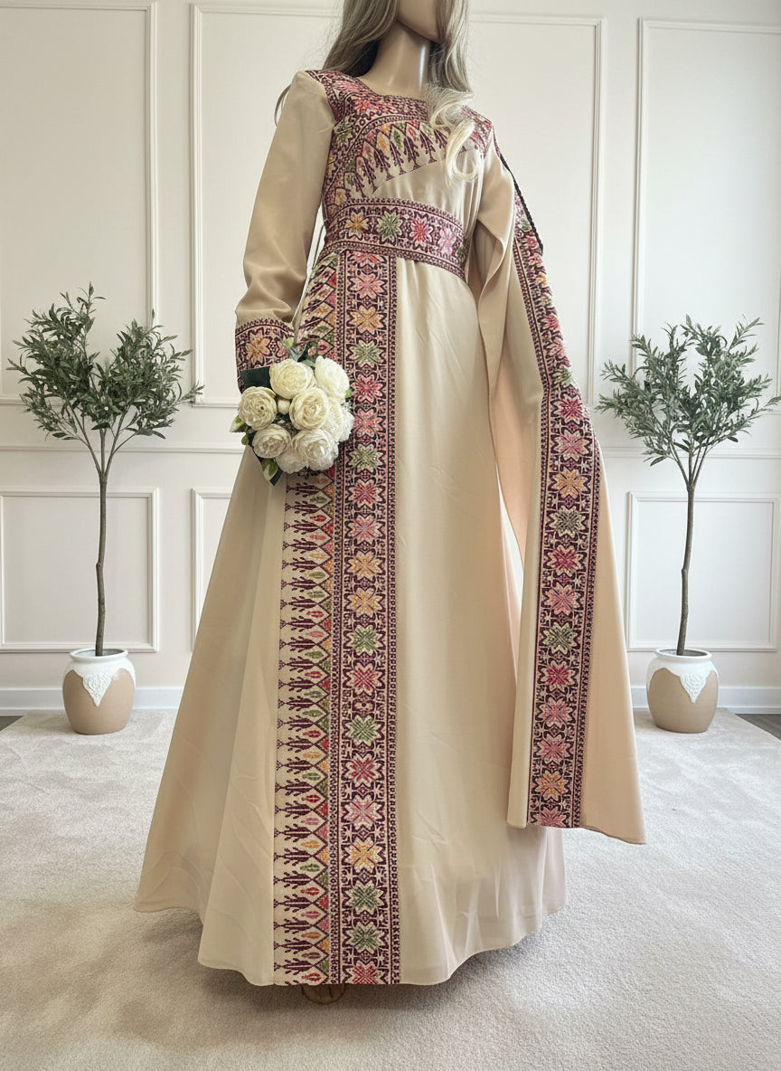 The Jerusalem- Beige Tatreez One Shoulder Embroidery Palestinian Thobe -