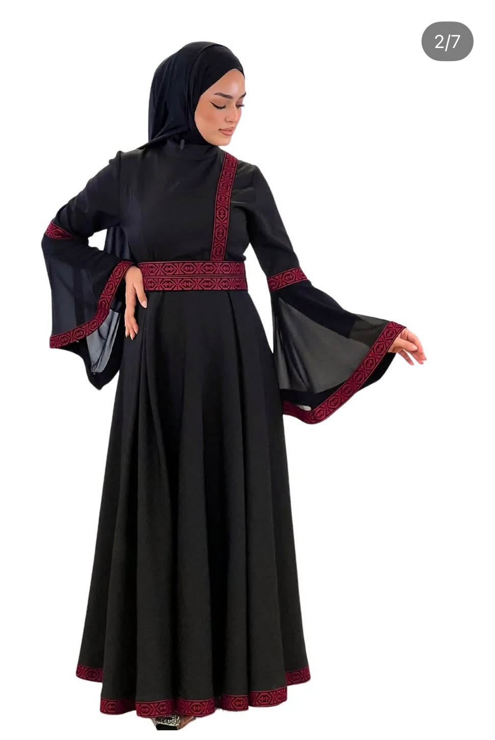 Renad - Black & Red With Flare Long Sleeve Modern Dress Thobe
