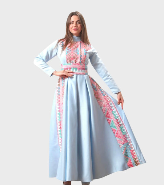 Rola - Blue Satin with Pink Tatreez Modern Dress Thobe - High Neck
