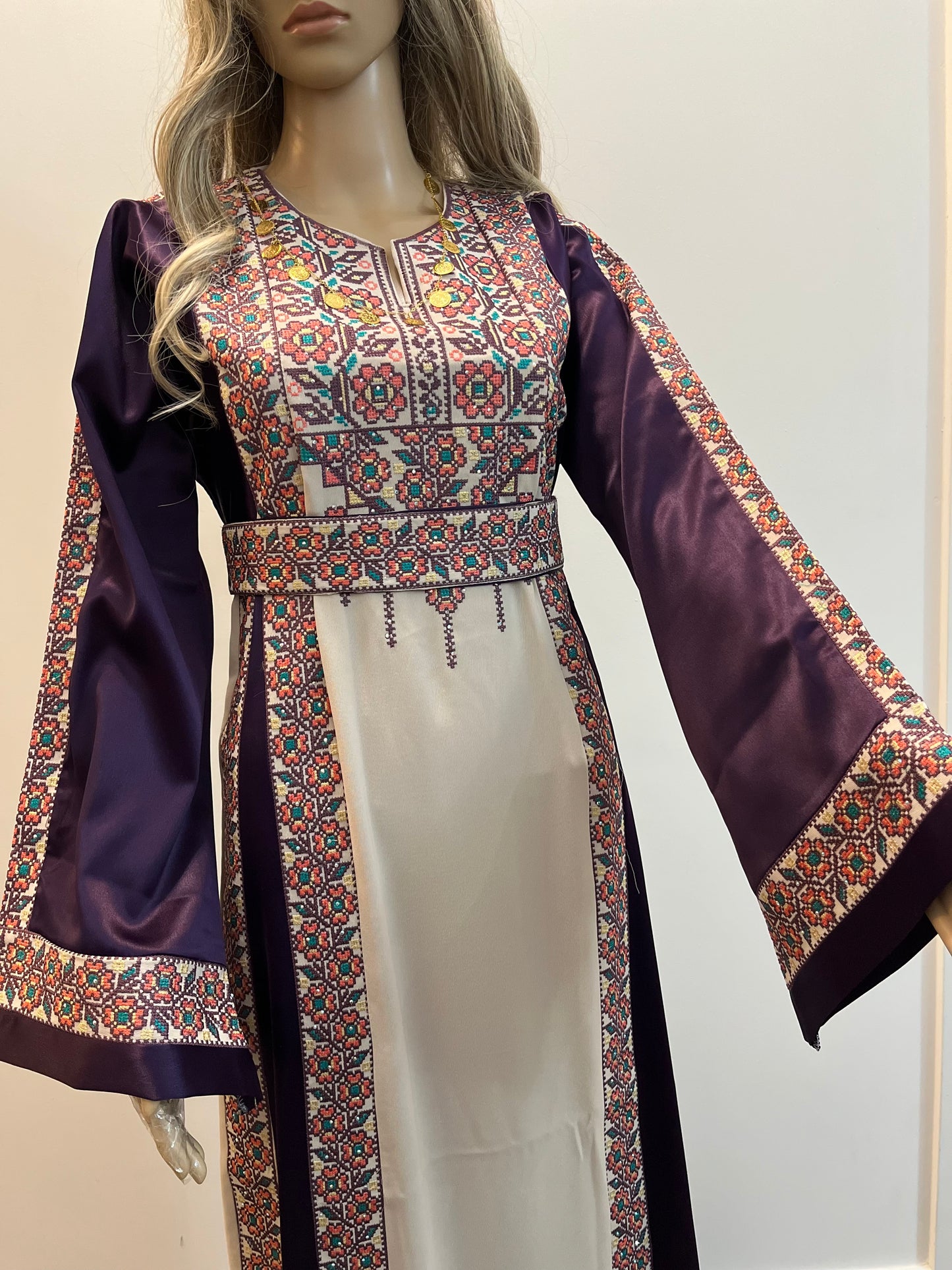 Purple With Flowers & Sparkle Traditional Long Sleeve Full Embroidered Palestinian Thobe/Dress