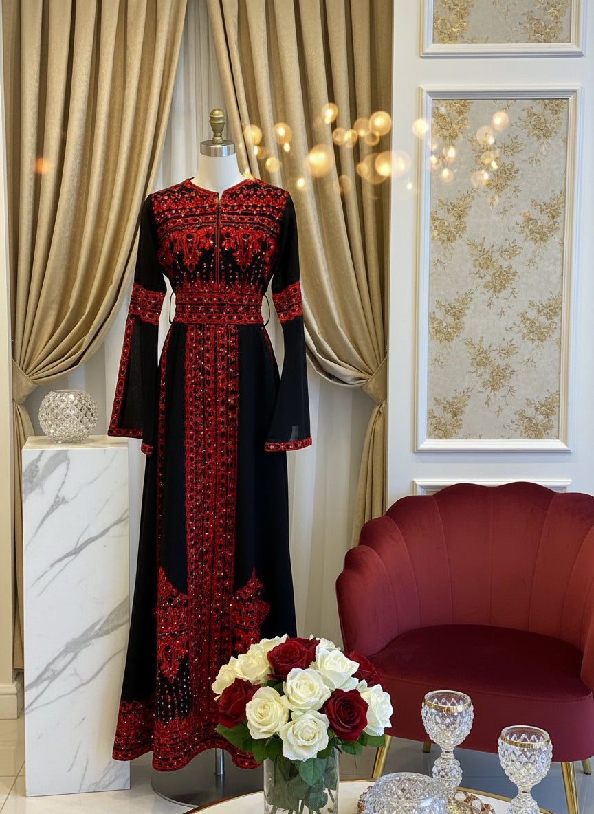 embroidered palestinian dresses Palestinian Thobe Tatreez Embroidery Dress Black And Red Yashmak