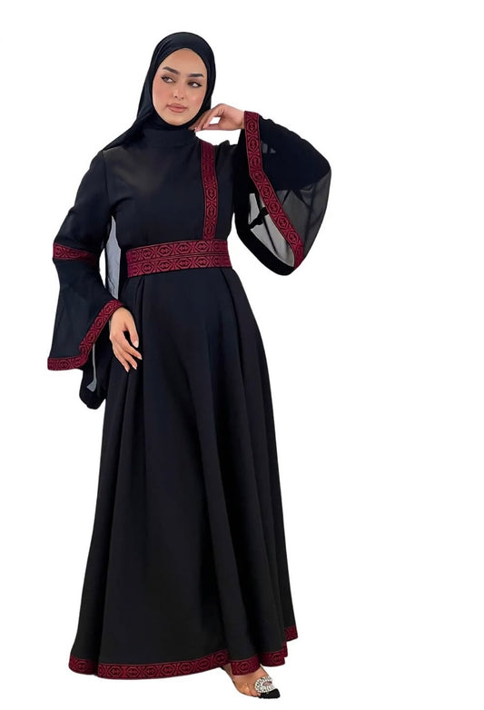 Renad - Black & Red With Flare Long Sleeve Modern Dress Thobe