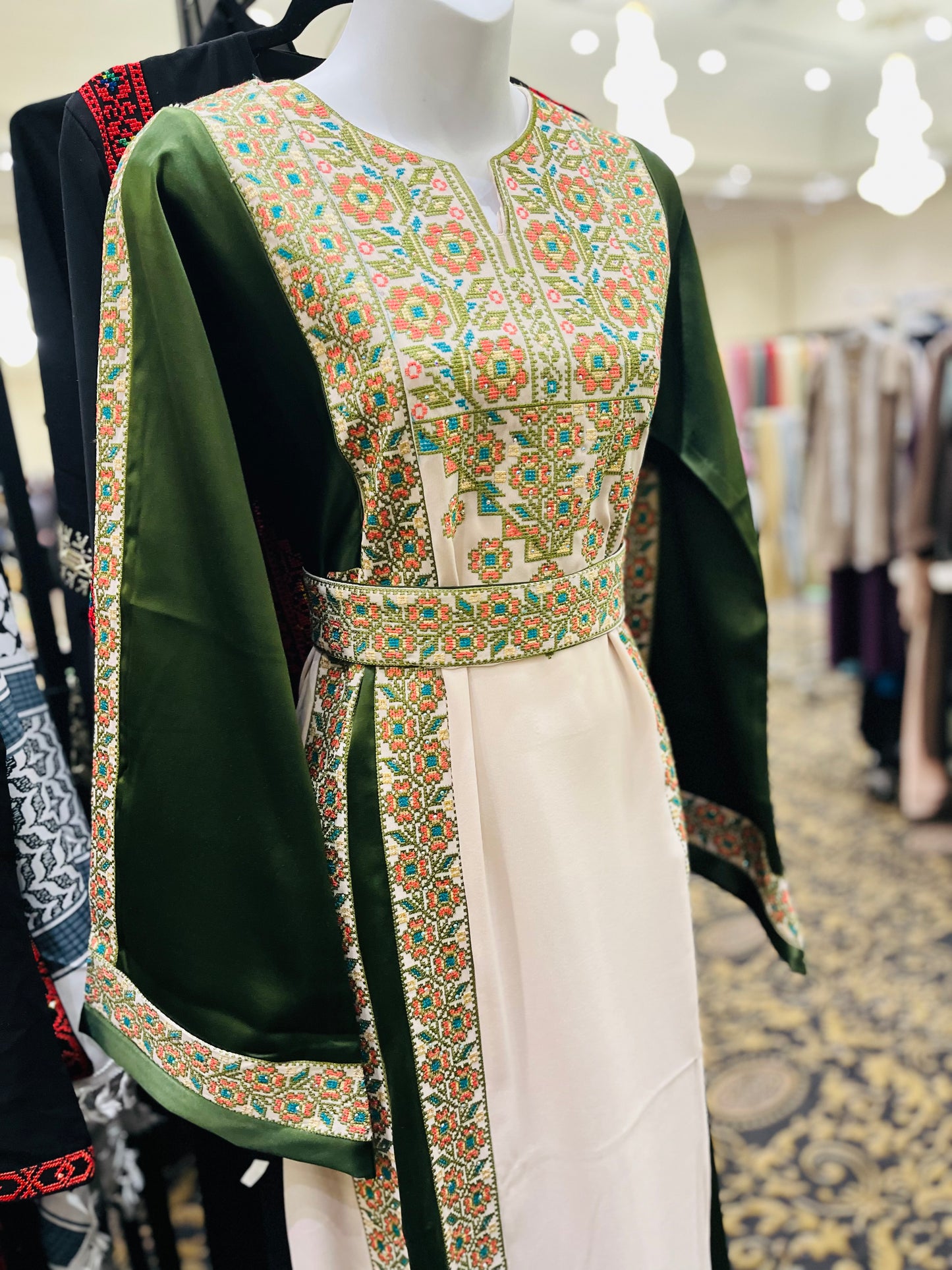 Green With Flowers & Sparkle Traditional Long Sleeve Full Embroidered Palestinian Thobe/Dress