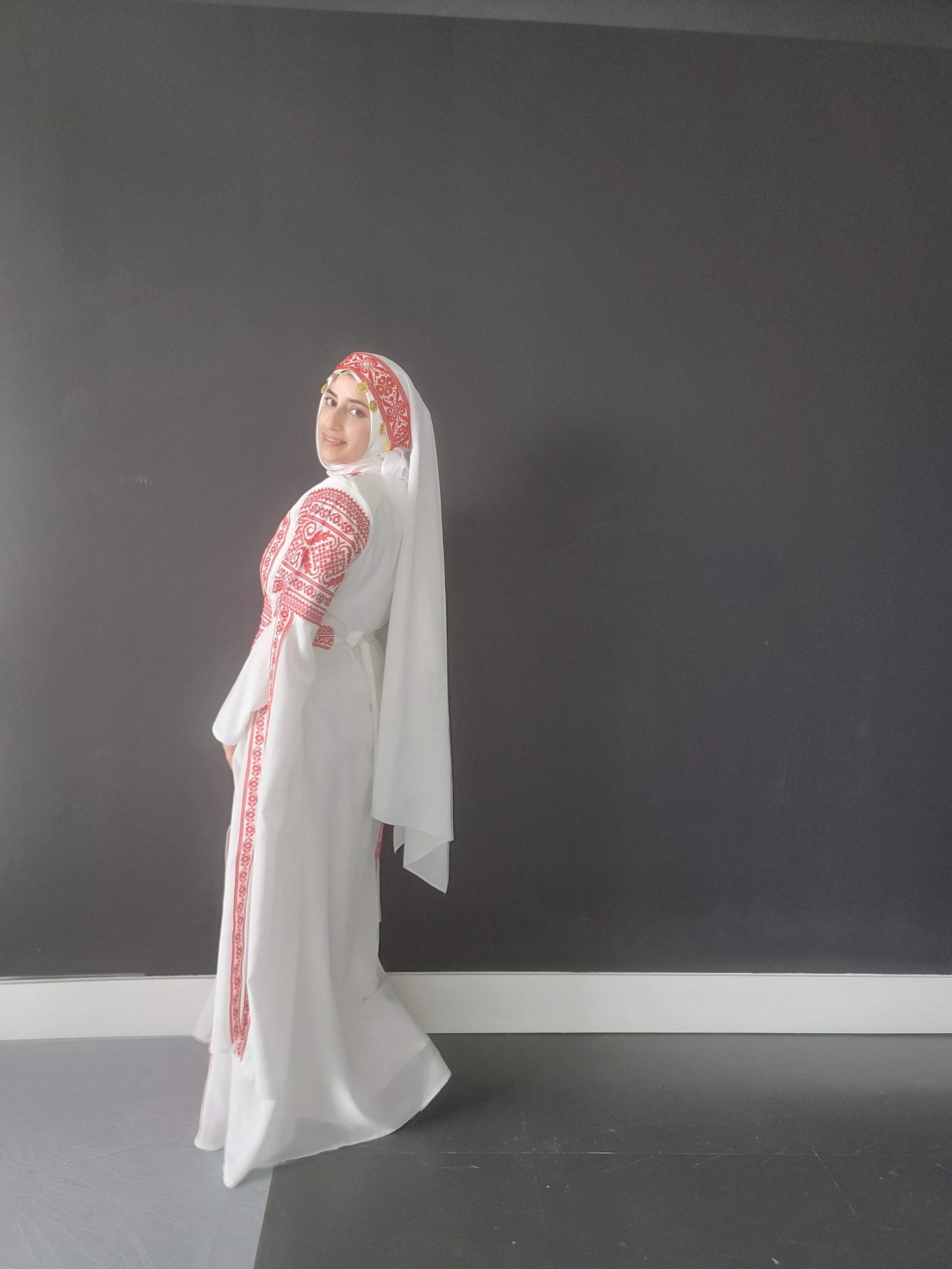 Black & Red Extra Long Sleeve Full Embroidered Palestinian Thobe (3 pieces) - Al Tulkarem Thobe