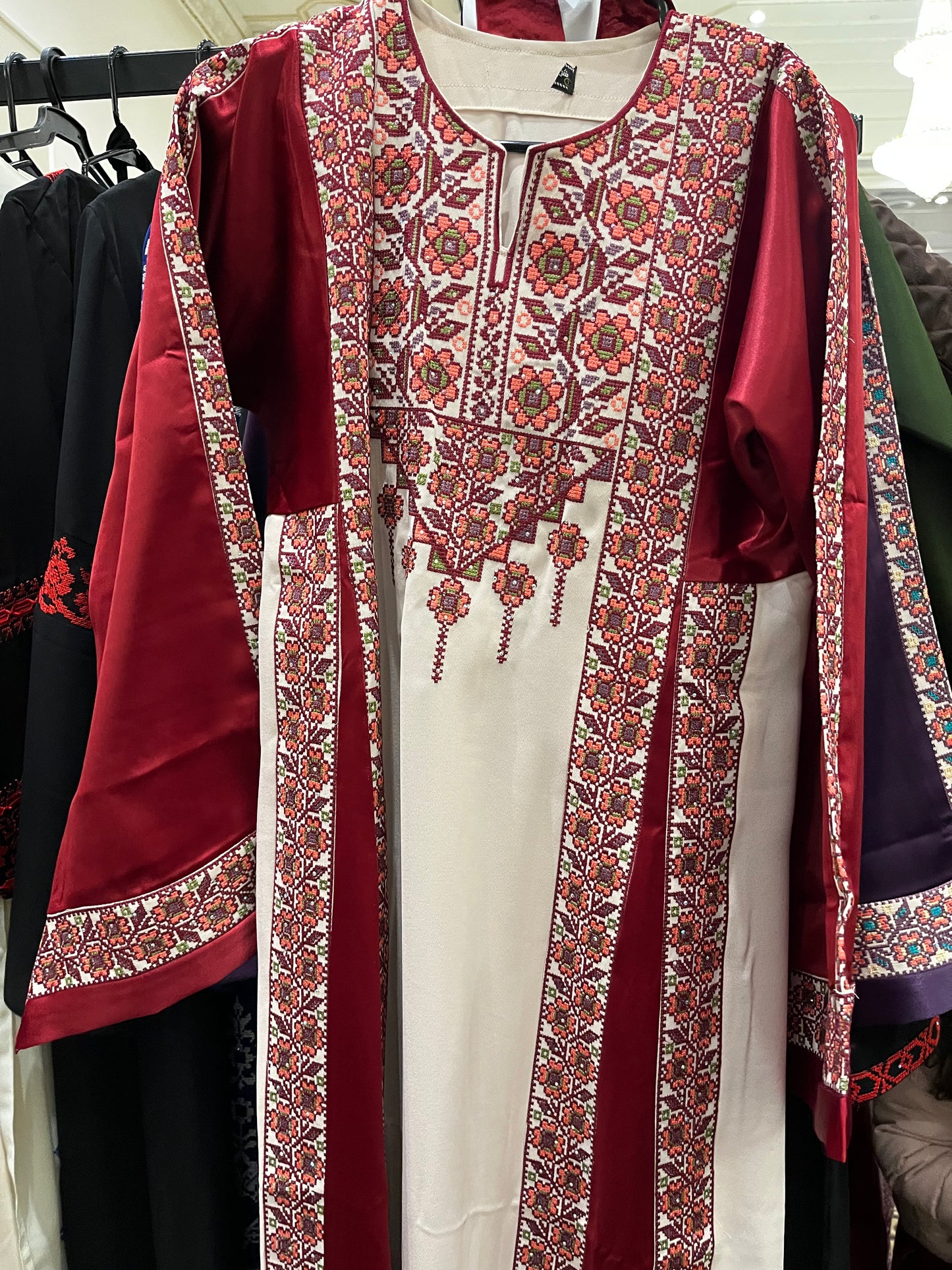 Burgundy With Flowers & Sparkle Traditional Long Sleeve Full Embroidered Palestinian Thobe/Dress