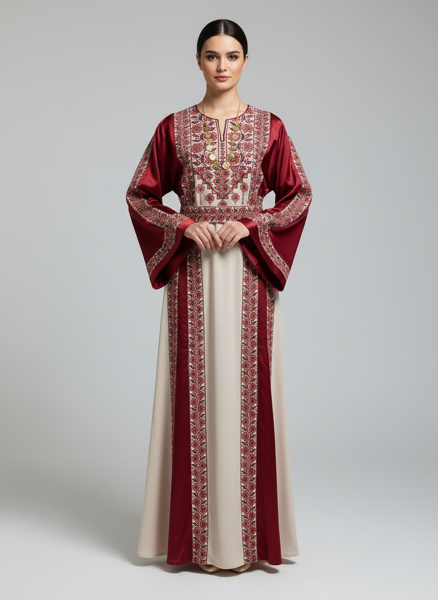 The Poppy Flower Thobe - Burgundy With Flowers & Sparkle Traditional Long Sleeve Full Embroidered Palestinian Thobe/Dress