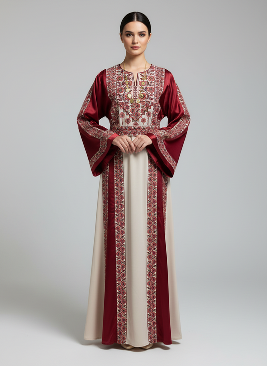 The Poppy Flower Thobe - Burgundy With Flowers & Sparkle Traditional Long Sleeve Full Embroidered Palestinian Thobe/Dress