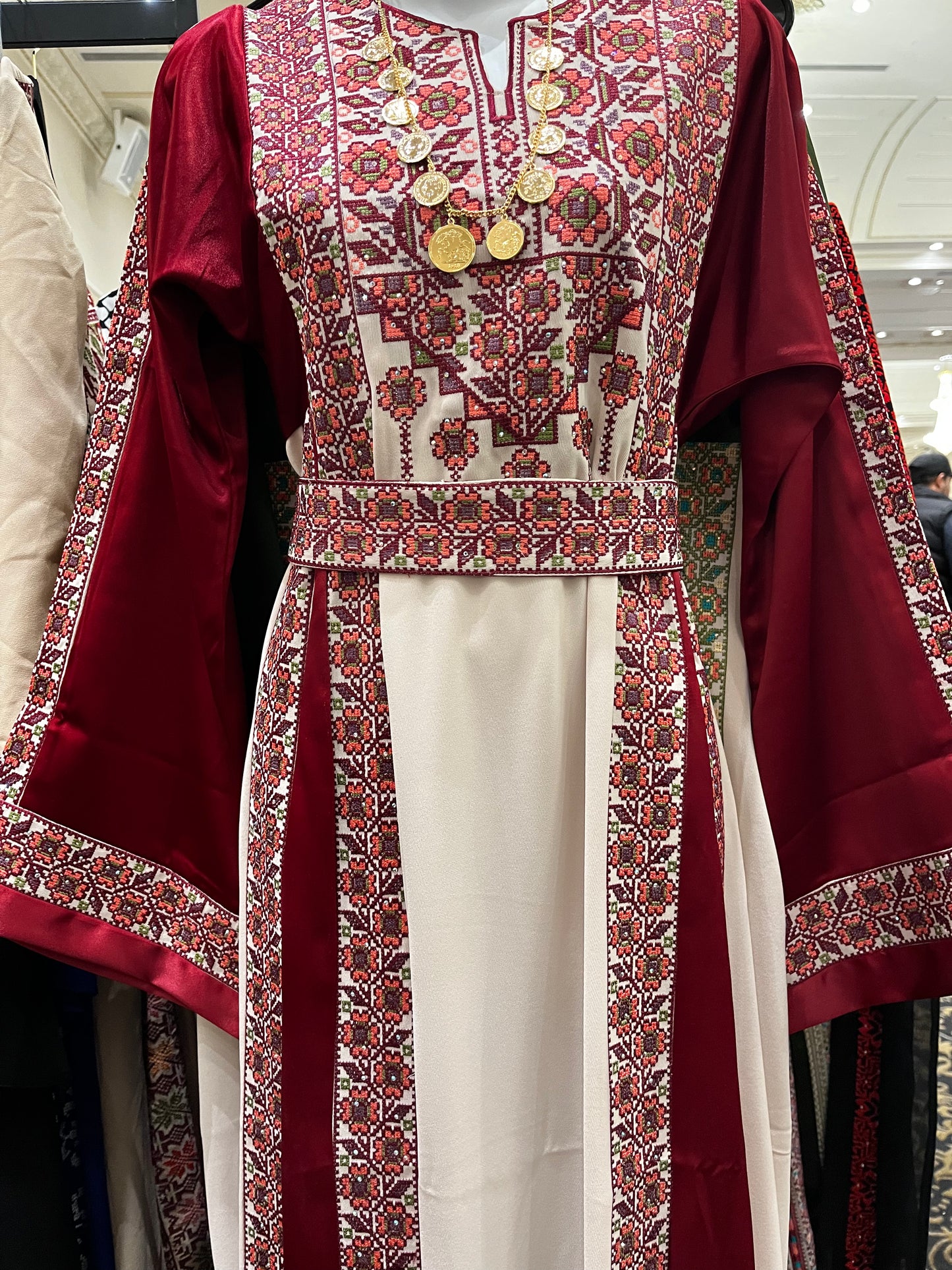 Burgundy With Flowers & Sparkle Traditional Long Sleeve Full Embroidered Palestinian Thobe/Dress