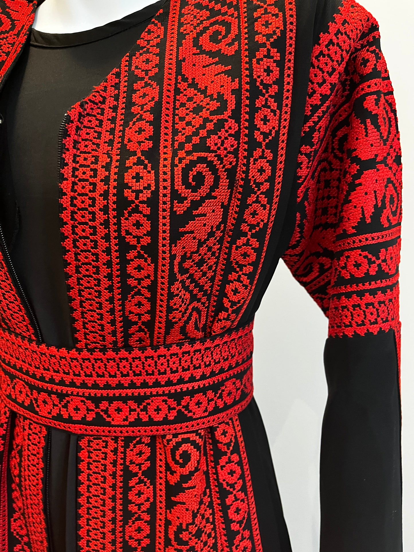 Black & Red Extra Long Sleeve Full Embroidered Palestinian Thobe (3 pieces) - Al Tulkarem Thobe