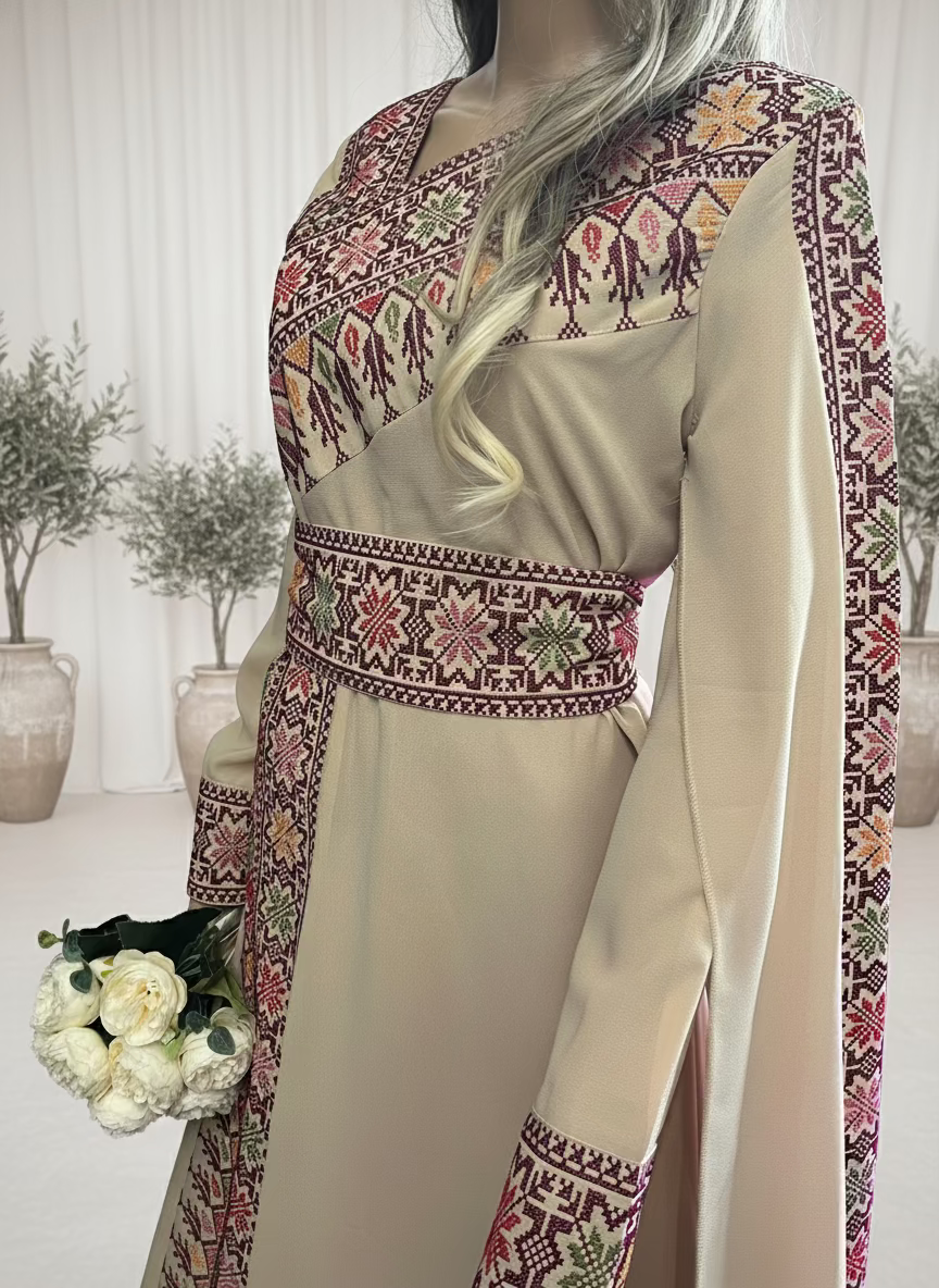 The Jerusalem- Beige Tatreez One Shoulder Embroidery Palestinian Thobe -
