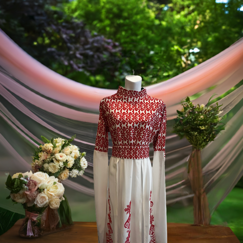 Bridal White & Red Full Top Embroidery With Extra long Sleeves (Zipper Back)