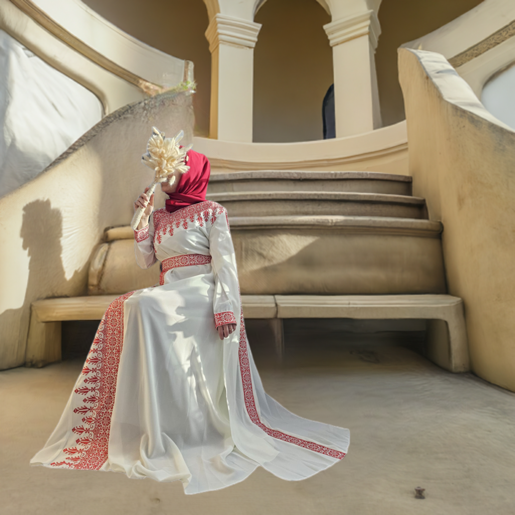 White & Red Tatreez One Shoulder Embroidery Palestinian Thobe - Al Jerusalem ( No Veil )