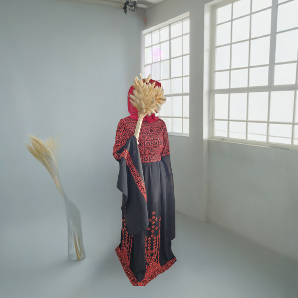 Red & Black Full Embroidery Palestinian Thobe with Extra Long Sleeves -  Al Ramallah