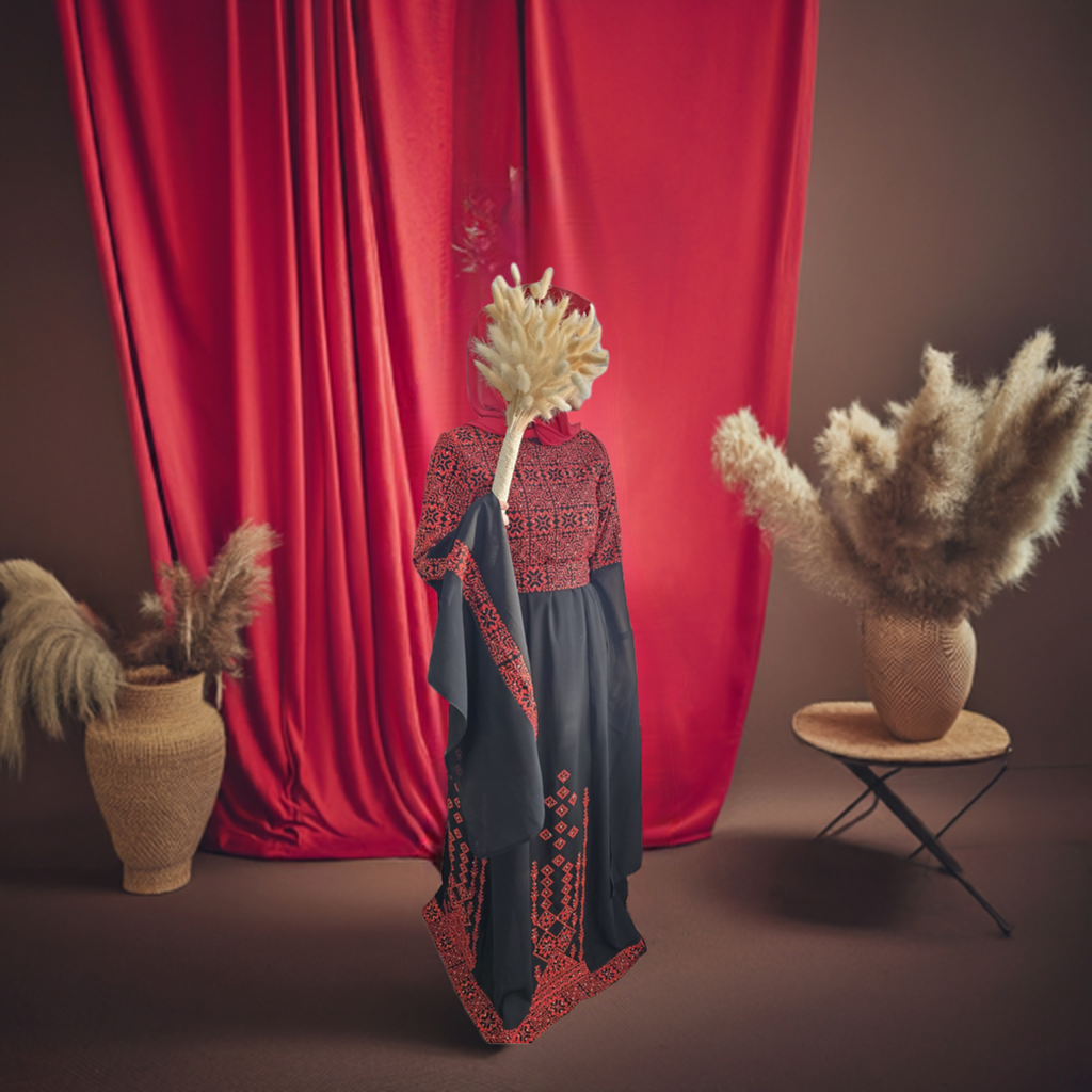 Red & Black Full Embroidery Palestinian Thobe with Extra Long Sleeves -  Al Ramallah