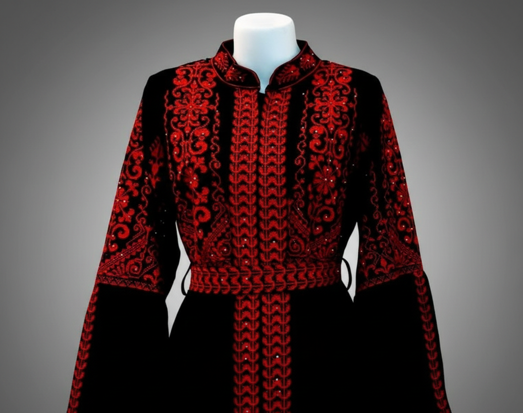 Red & Black Extra Long Sleeves Full Top Embroidery & Zipper Thobe (3 pieces) - Al Gaza Thobe