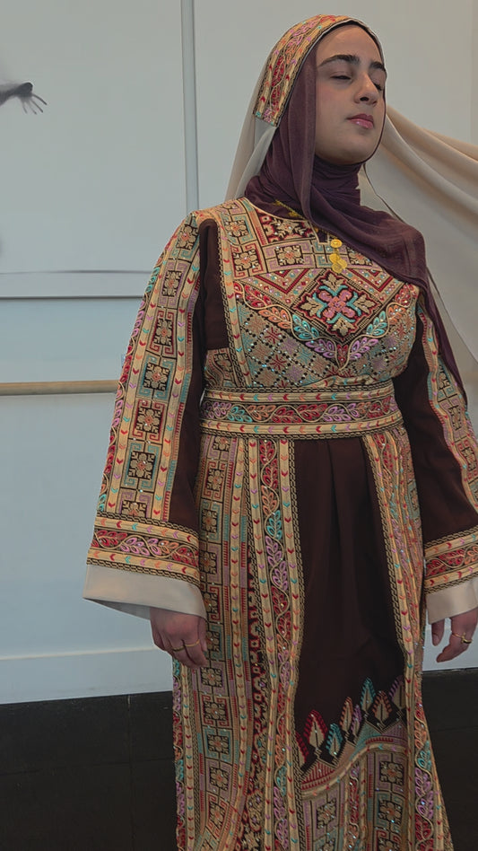 Shaima Thobe Brown Traditional Full Tatreez Back and Front Thobe With Matching head Veil