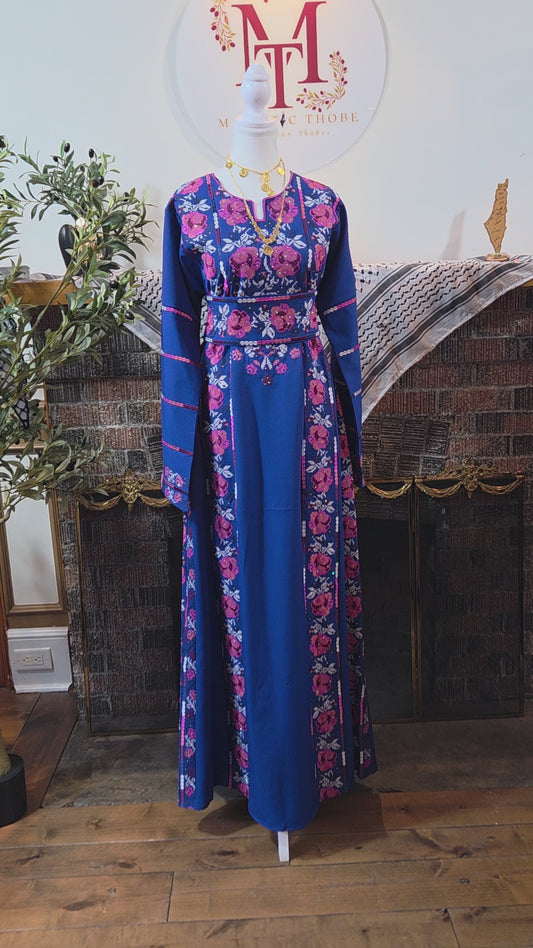 Warda Thobe - Full Blue Traditional Full Tatreez Back and Front With Satin Thobe