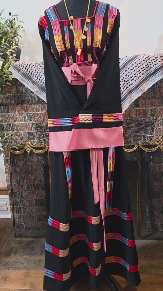 Lara Thobe - Multicolor Satin Pink Sleeve Thobe Tatreez Thobe