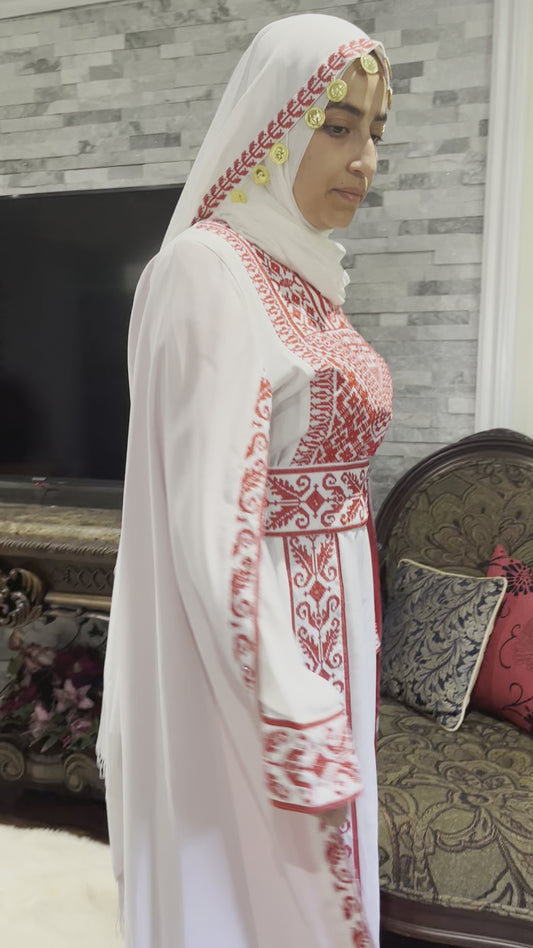Bridal White & Red Full Embroidered Thobe - Cape Sleeve